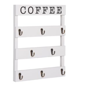 emaison solid wood coffee mug holder wall mounted, rustic cup rack with 8 hooks large space for big cups for kitchen, home, coffee bar station (white)