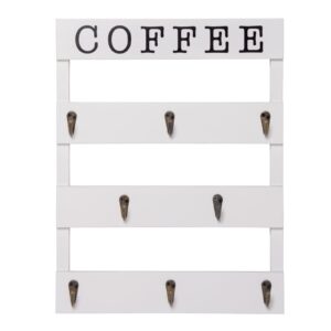 EMAISON Solid Wood Coffee Mug Holder Wall Mounted, Rustic Cup Rack with 8 Hooks Large Space for Big Cups for Kitchen, Home, Coffee Bar Station (White)