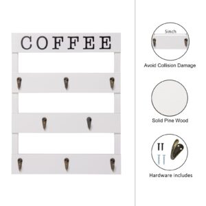 EMAISON Solid Wood Coffee Mug Holder Wall Mounted, Rustic Cup Rack with 8 Hooks Large Space for Big Cups for Kitchen, Home, Coffee Bar Station (White)