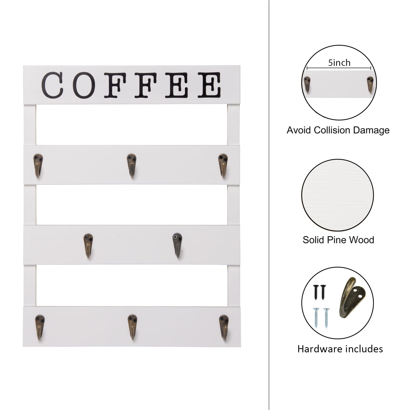 EMAISON Solid Wood Coffee Mug Holder Wall Mounted, Rustic Cup Rack with 8 Hooks Large Space for Big Cups for Kitchen, Home, Coffee Bar Station (White)