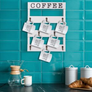 EMAISON Solid Wood Coffee Mug Holder Wall Mounted, Rustic Cup Rack with 8 Hooks Large Space for Big Cups for Kitchen, Home, Coffee Bar Station (White)