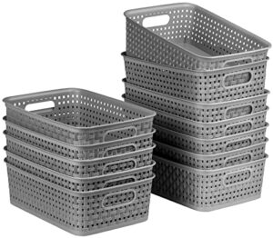 12 pack plastic storage baskets, small baskets for organizing, plastic storage bins wicker pantry organizer bins household toys for laundry room, bedrooms, kitchens, cabinets, countertops