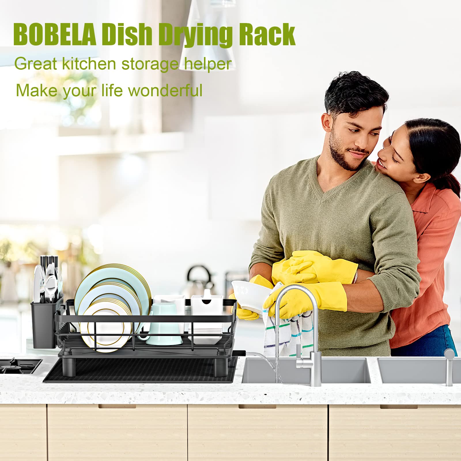 BOBELA Dish Drying Rack,Dish Racks for Kitchen Counter,Dish Drainers with Removable Utensil Holder,Dish Drying Rack with Drainboard and Extra Dish Drying Mat