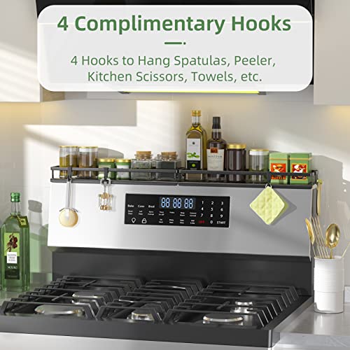 TOPCHASE Stove Top Shelf with Sides, 30” Two-section over The Stove Shelves, Black Stove Top Spice Rack, 3 Ways to Install Kitchen Spice Organizer above Stove, No Magnetic