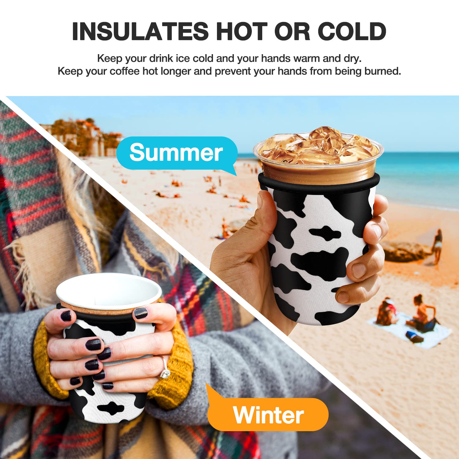 Iced Coffee Cup Sleeve for Large Sized Cups, Reusable Neoprene Iced Coffee Cup Holder for Hot Cold Drinks, Compatible with Starbucks, Dunkin Donuts, and More (3 PK Sm-Med-Lg, Cow)