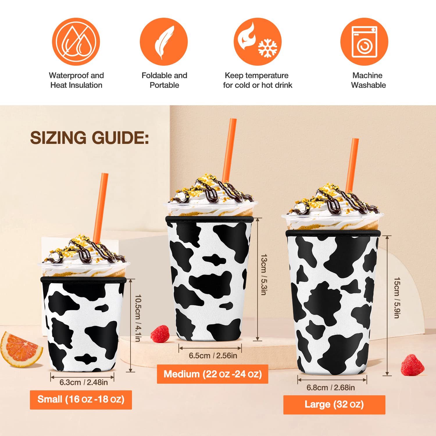 Iced Coffee Cup Sleeve for Large Sized Cups, Reusable Neoprene Iced Coffee Cup Holder for Hot Cold Drinks, Compatible with Starbucks, Dunkin Donuts, and More (3 PK Sm-Med-Lg, Cow)