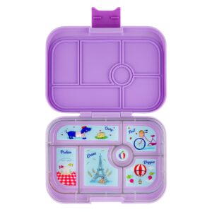yumbox original - leakproof bento lunch box for kids (2-7 years) with 5 compartments, easy-open latch, optimal portion sizes & removeable paris themed tray (lulu purple)