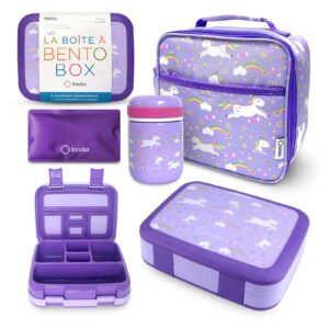 bento box, steel food thermos, insulated lunch bag and ice pack set for kids - 5 leakproof compartments, lunches or snack container for girls, toddlers daycare pre-school, kindergarten purple unicorn