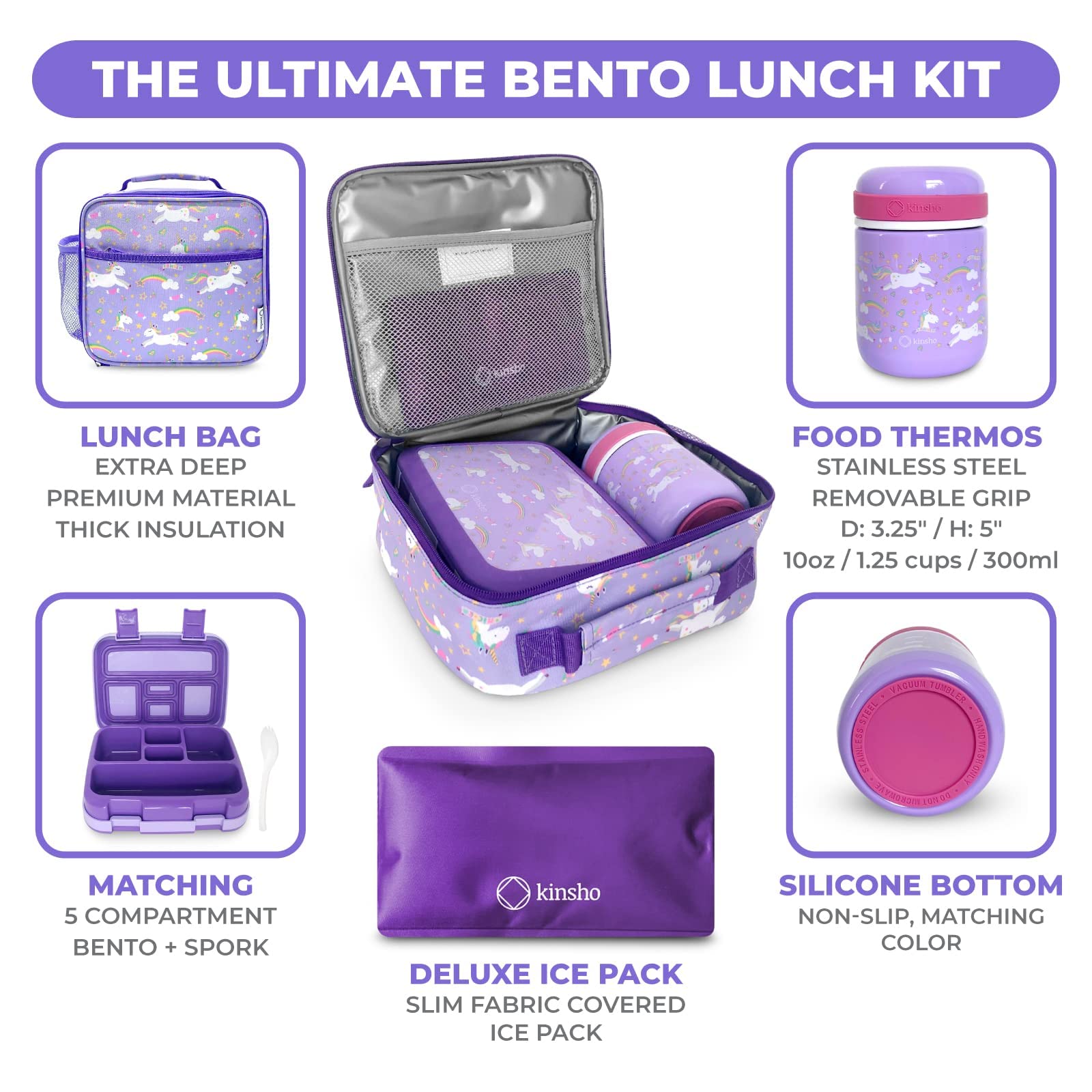 Bento Box, Steel Food Thermos, Insulated Lunch Bag and Ice Pack Set for Kids - 5 Leakproof Compartments, Lunches or Snack Container for Girls, Toddlers Daycare Pre-School, Kindergarten Purple Unicorn