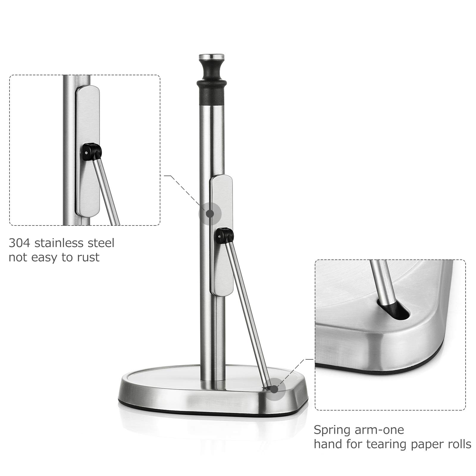 Tension Arm Paper Towel Holder, Hystun Single Tear Paper Towel Holder Countertop Standing Paper Towel Holder Easy to Tear Paper Stainless Steel Paper Towel Holder for Kitchen & Dining Room Table