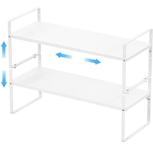 gedlire expandable kitchen cabinet shelf organizers 2 pack, stackable metal pantry storage shelves rack, adjustable counter shelf for cabinets, countertop, cupboard organizers and storage, white