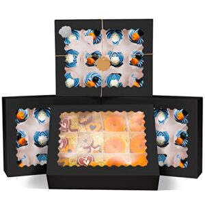 qiqee black 12 cupcake boxes with window 16-packs cupcake box 13"x10"x3.5" cupcakes carrier, 12 cupcake containers