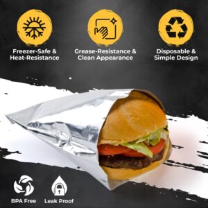 C&S Event Supply Co. Aluminum Foil Hamburger Sleeves - Water and Grease Resistance Sandwich Bags - BPA Free Burger Wrappers for Panini's, Pita Pockets, and Hot Sandwich (50, Silver)