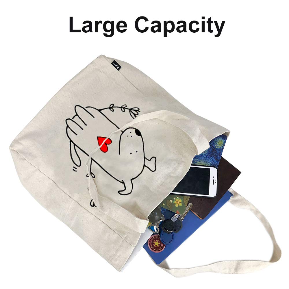 Canvas Tote Bag with 3 Inner Pocket Cotton Heavy Duty Gusseted Shopping Bag for Weekend Overnight School Book (Cute Dog)