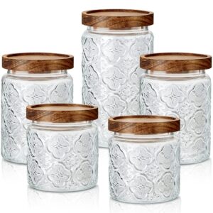 gerrii 5 pcs vintage glass food storage containers 17/24/34 oz glass jar with lid begonia pattern glass airtight candy jar food jars canisters for kitchen counter pantry coffee tea beans (round)
