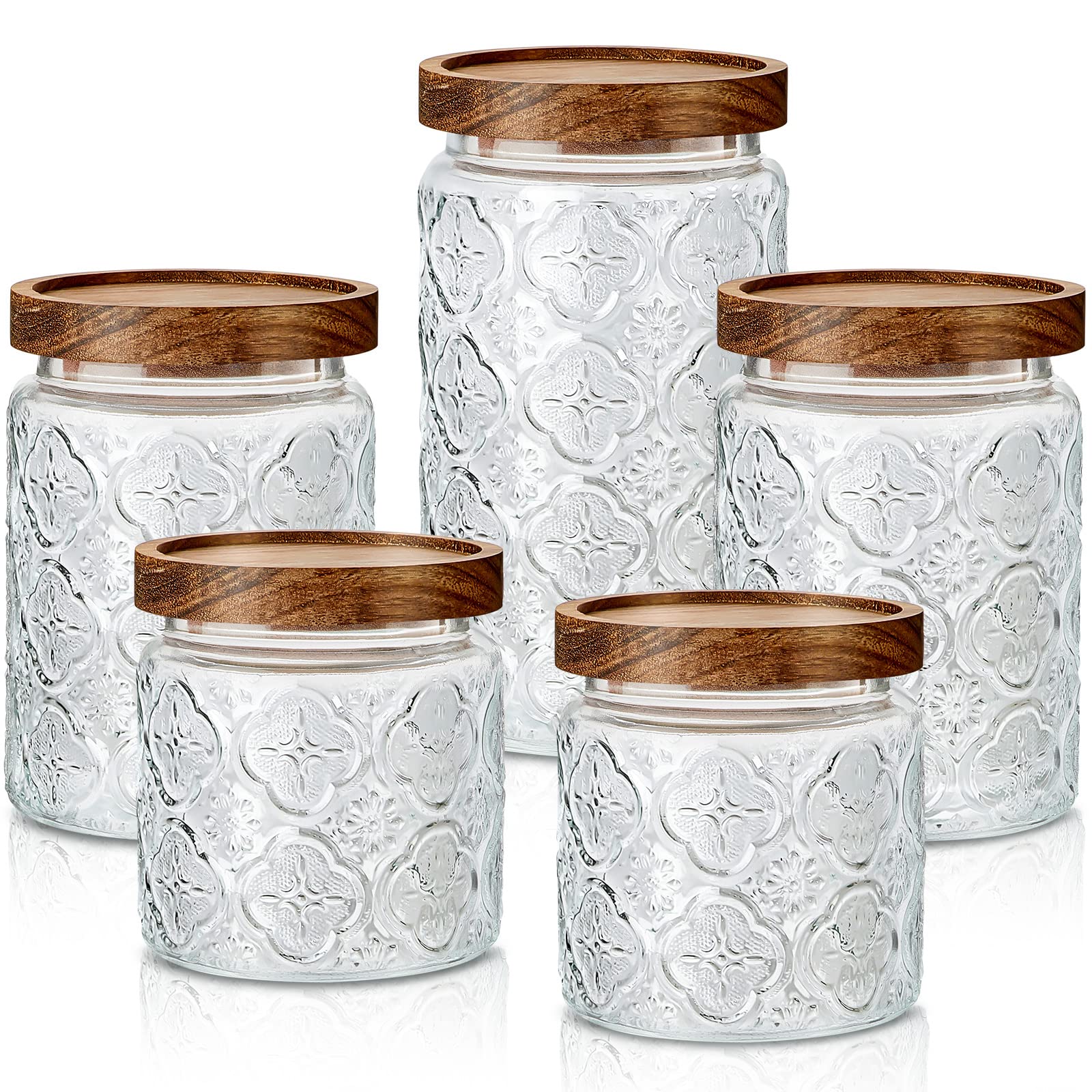 Gerrii 5 Pcs Vintage Glass Food Storage Containers 17/24/34 oz Glass Jar with Lid Begonia Pattern Glass Airtight Candy Jar Food Jars Canisters for Kitchen Counter Pantry Coffee Tea Beans (Round)