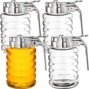hacaroa 4 pack glass syrup dispenser, 10 oz maple syrup pourer container with plastic top, no drip honey syrup holder dispenser bottles for honey, syrup