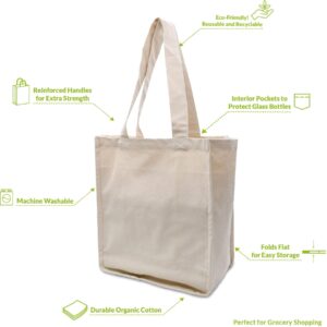 Canvas Grocery Bag - 3 Pack Large Organic Cotton Fabric Bags with Handles & Interior Pockets, Reusable Eco-Friendly Blank Cloth Totes for Groceries, Shopping, Sublimation, Travel, Bulk - 13.5x16.5x8