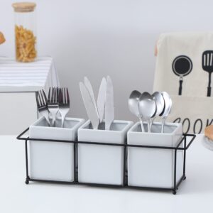 3 Piece Ceramic Flatware Holder with Metal Rack, Porcelain Silverware Caddy, Silverware Cutlery, Perfect for Home, Kitchen & all gatherings with friends, family