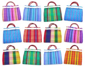 morefiesta 24 pcs small mexican tote mercado bags 7.5 inch by 7.5 inch, assorted colors high thread mesh - mini mexican mercado candy bags