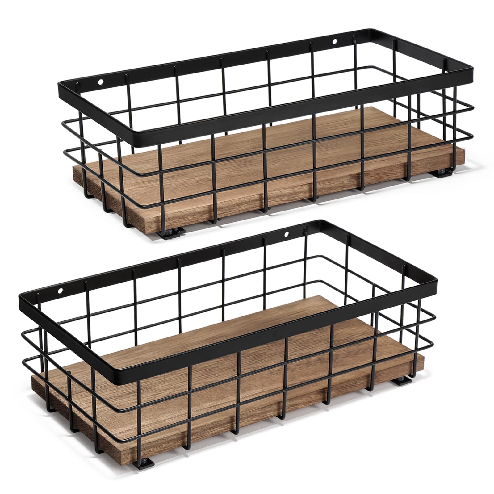 TJ.MOREE 2-Pack Small Metal Wire Basket, Decorative Wood Base Organizer for Bathroom, Kitchen, Basket for Toilet Paper Storage, Sugar Packet, Coffee Syrup, Guest Towel, Napkin