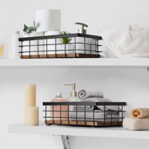 TJ.MOREE 2-Pack Small Metal Wire Basket, Decorative Wood Base Organizer for Bathroom, Kitchen, Basket for Toilet Paper Storage, Sugar Packet, Coffee Syrup, Guest Towel, Napkin