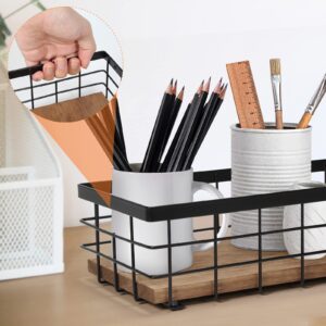 TJ.MOREE 2-Pack Small Metal Wire Basket, Decorative Wood Base Organizer for Bathroom, Kitchen, Basket for Toilet Paper Storage, Sugar Packet, Coffee Syrup, Guest Towel, Napkin