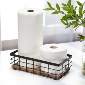 TJ.MOREE 2-Pack Small Metal Wire Basket, Decorative Wood Base Organizer for Bathroom, Kitchen, Basket for Toilet Paper Storage, Sugar Packet, Coffee Syrup, Guest Towel, Napkin