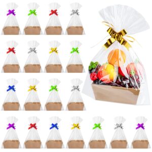 fainne 74 pcs basket for gifts empty, gift basket bulk include 20 gift basket empty with handles 30 plastic bags and 24 multicolor bows for party favors christmas thanksgiving wedding birthday(brown)