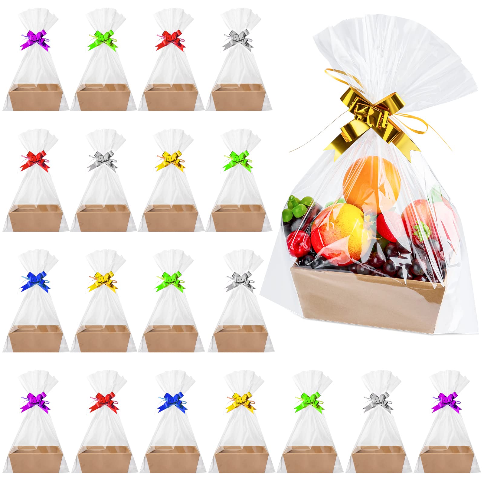 Fainne 74 Pcs Basket for Gifts Empty, Gift Basket Bulk Include 20 Gift Basket Empty with Handles 30 Plastic Bags and 24 Multicolor Bows for Party Favors Christmas Thanksgiving Wedding Birthday(Brown)