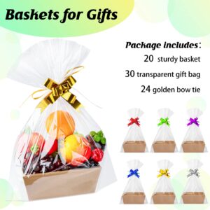 Fainne 74 Pcs Basket for Gifts Empty, Gift Basket Bulk Include 20 Gift Basket Empty with Handles 30 Plastic Bags and 24 Multicolor Bows for Party Favors Christmas Thanksgiving Wedding Birthday(Brown)