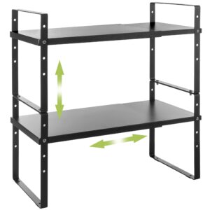 across-star expandable cabinet shelf organizer rack, stackable kitchen counter storage shelves stand, adjustable height pantry shelf spice rack (black, 2 pack)