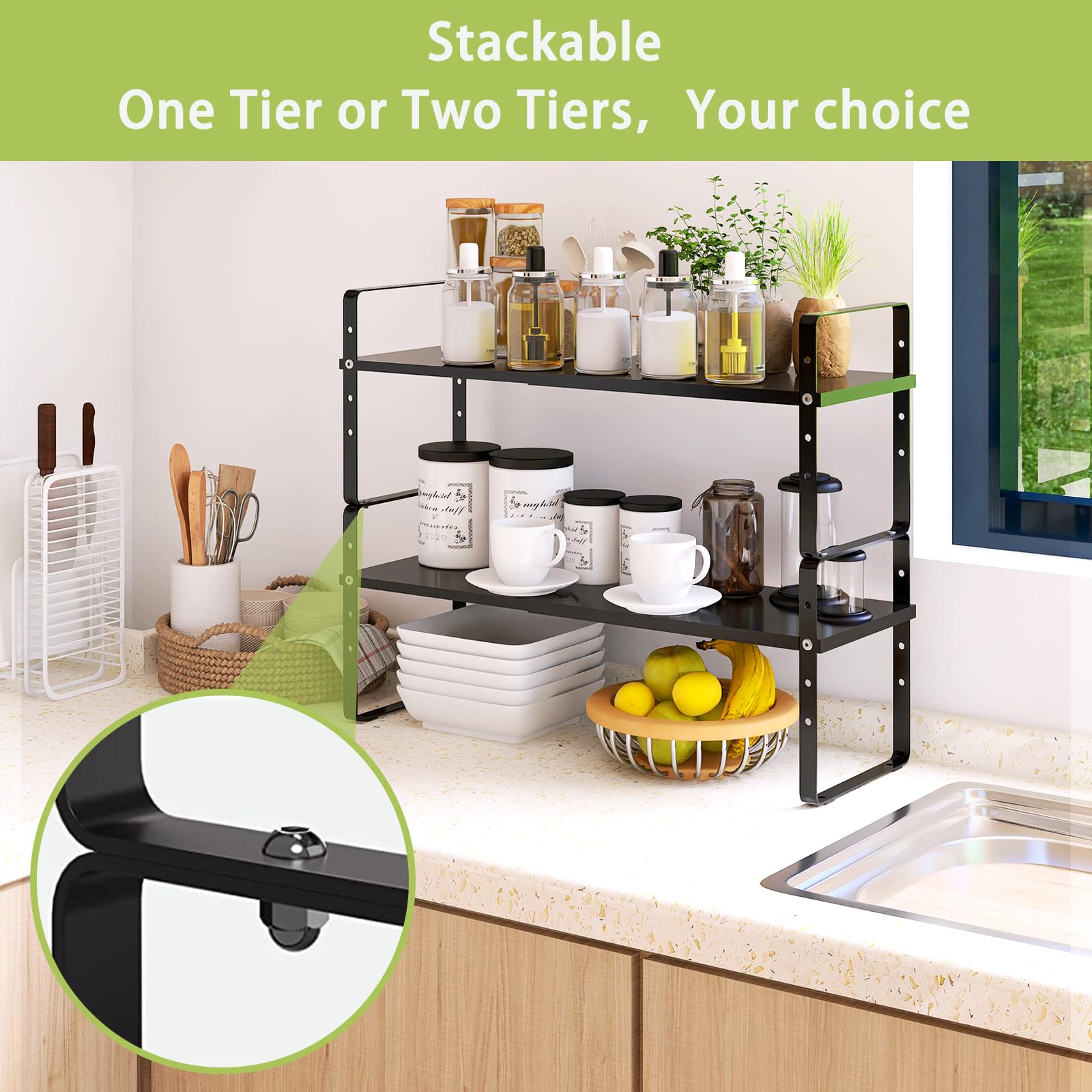 Across-Star Expandable Cabinet Shelf Organizer Rack, Stackable Kitchen Counter Storage Shelves Stand, Adjustable Height Pantry Shelf Spice Rack (Black, 2 Pack)