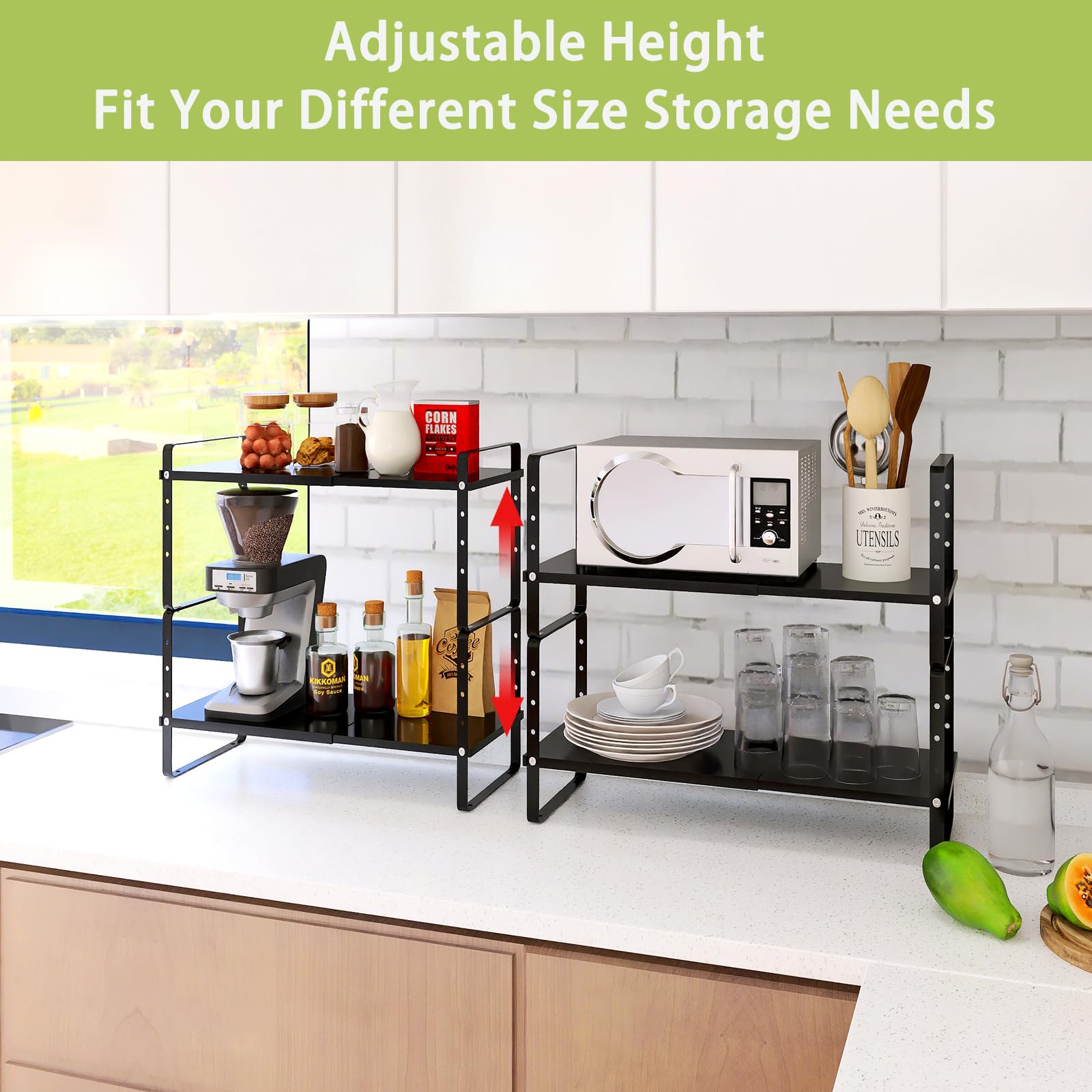 Across-Star Expandable Cabinet Shelf Organizer Rack, Stackable Kitchen Counter Storage Shelves Stand, Adjustable Height Pantry Shelf Spice Rack (Black, 2 Pack)