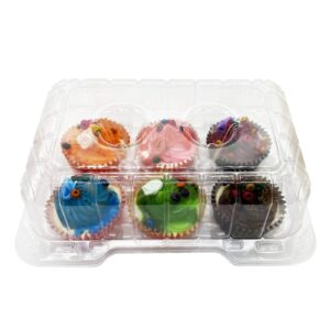 clear cupcake containers,12pc plastic disposable high dome cupcake boxes 6 compartment cupcake holders cupcake containers half dozen cupcake trays durable cup cake muffin packaging transporter