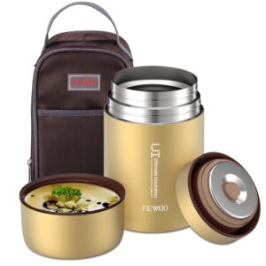 fewoo food jar - 27oz vacuum insulated stainless steel lunch thermos, leak proof soup containers with bag for hot or cold food (champaign golden)