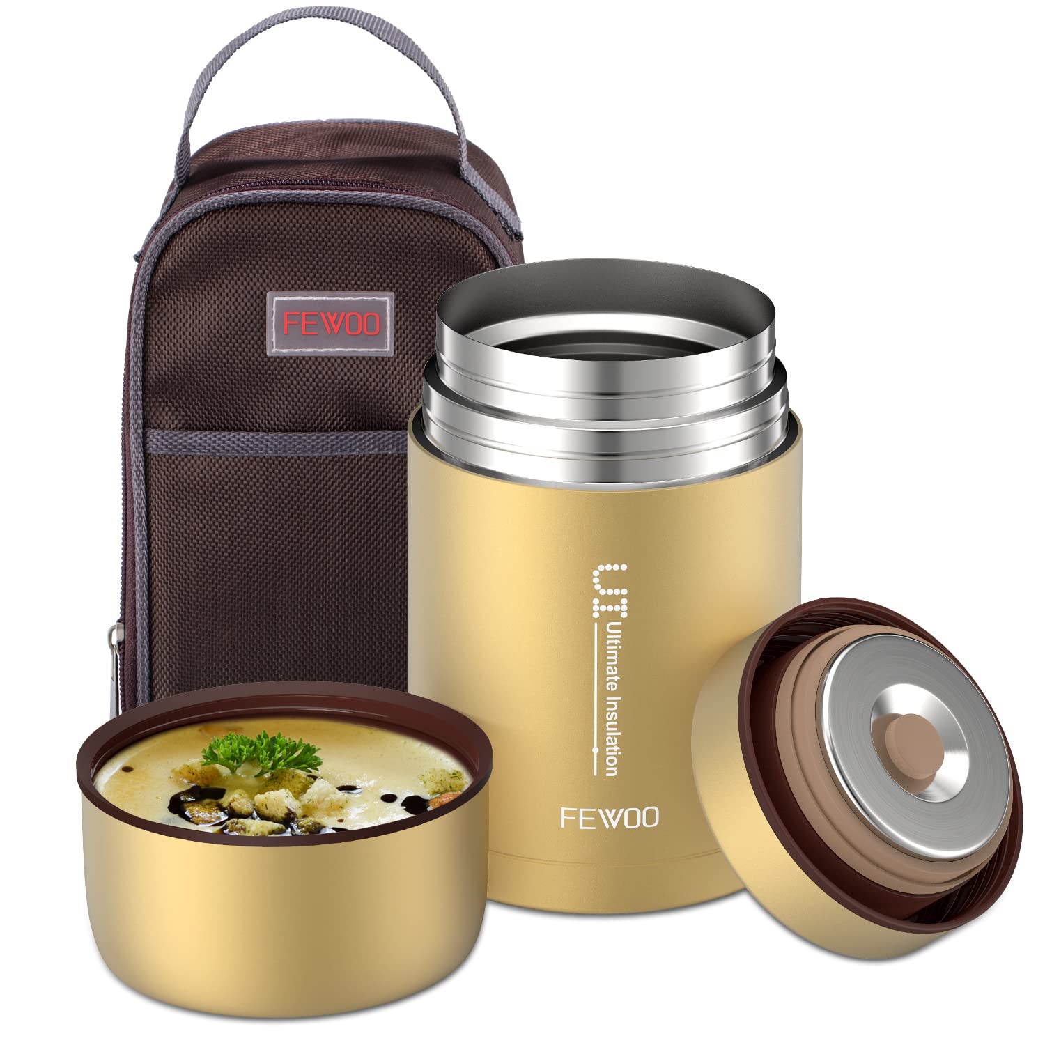 FEWOO Food Jar - 27oz Vacuum Insulated Stainless Steel Lunch Thermos, Leak Proof Soup Containers with bag for Hot or Cold Food (Champaign Golden)