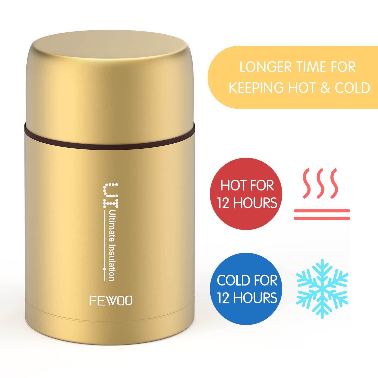 FEWOO Food Jar - 27oz Vacuum Insulated Stainless Steel Lunch Thermos, Leak Proof Soup Containers with bag for Hot or Cold Food (Champaign Golden)