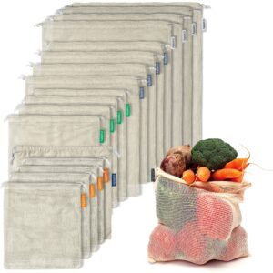 17 reusable cotton mesh produce bags - 100% organic cotton, durable, double stitched, washable with tare weight & drawstring - mesh bags for grocery shopping, vegetables & fruits, produce bgs 4 sizes