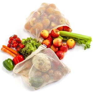 17 Reusable Cotton Mesh Produce Bags - 100% Organic Cotton, Durable, Double Stitched, Washable with Tare Weight & Drawstring - Mesh Bags for Grocery Shopping, Vegetables & Fruits, produce bgs 4 sizes