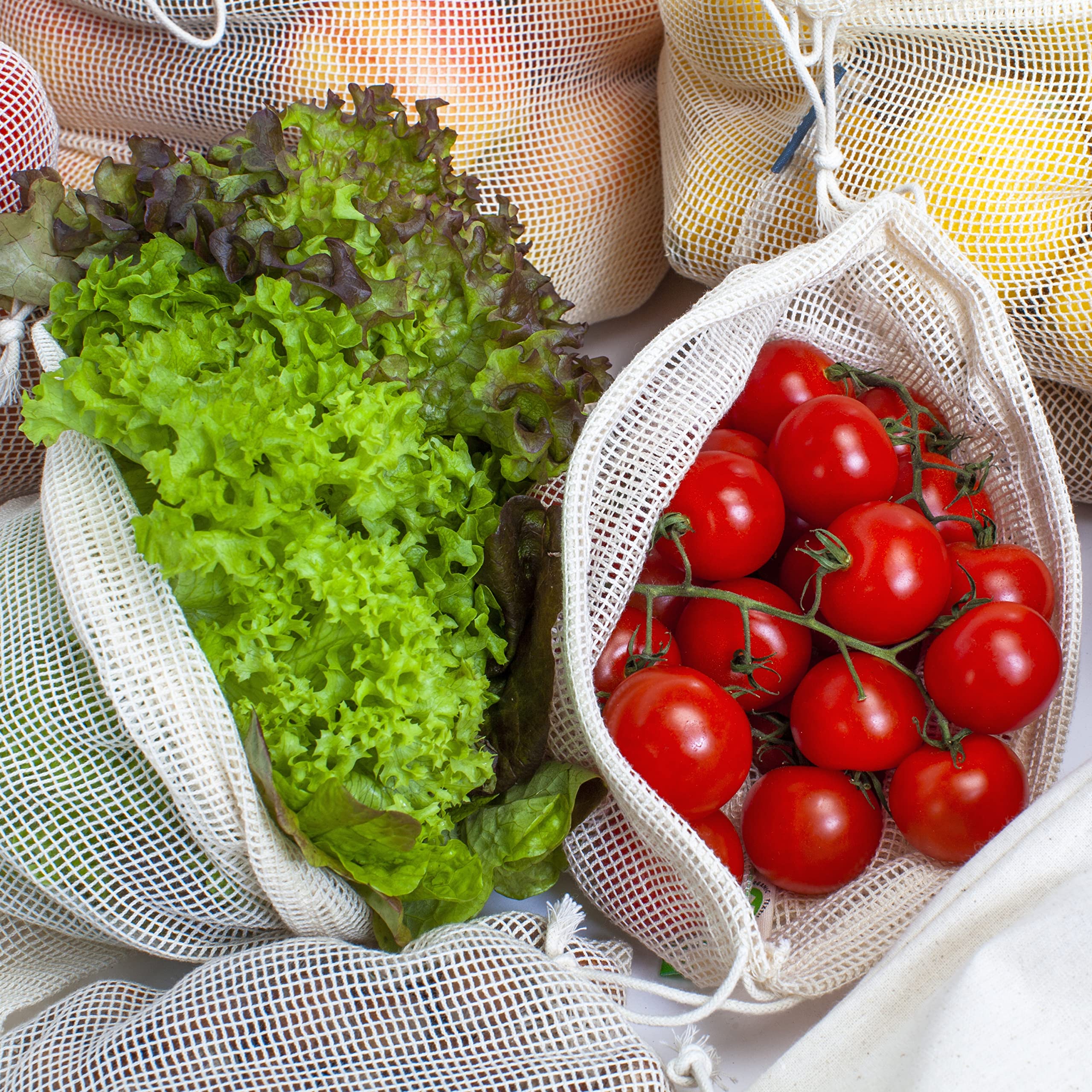 17 Reusable Cotton Mesh Produce Bags - 100% Organic Cotton, Durable, Double Stitched, Washable with Tare Weight & Drawstring - Mesh Bags for Grocery Shopping, Vegetables & Fruits, produce bgs 4 sizes