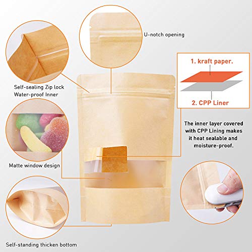 LZLPACKING Kraft Stand Up Pouches bags 100 Pcs,Brown Resealable Bags with Window for Home or Business,Coffee Bags,Zip Lock Food Storage Bags,Sealable Bags for Packaging(4.7×7.9)