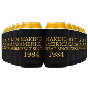crisky 40th birthday beer sleeve, 40th birthday can cooler insulated covers, 40th birthday decorations black gold making great since 1984, neoprene coolers for soda, beer, can beverage, 12 pcs