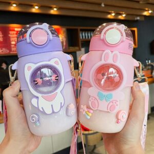 excvalues kawaii bear water bottle with straw and shoulder strap, 25oz cute large capacity water bottles with 3d stickers for girls, school (purple)
