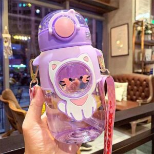 excvalues Kawaii Bear Water Bottle with Straw and Shoulder Strap, 25oz Cute Large Capacity Water Bottles with 3D Stickers for Girls, School (Purple)