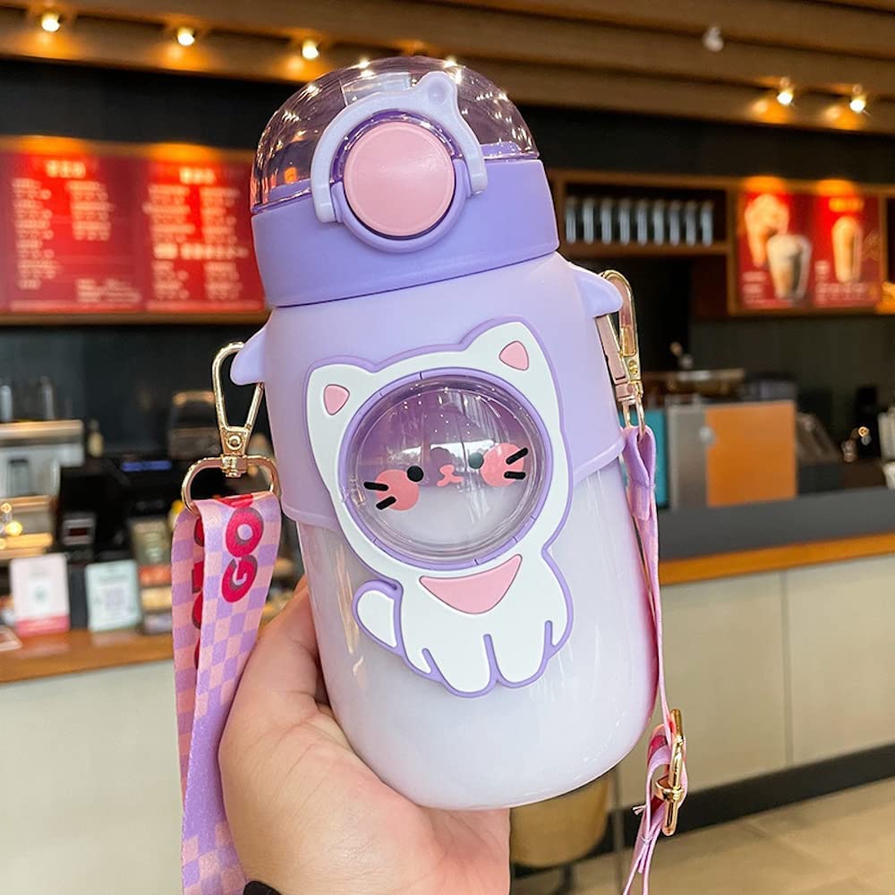 excvalues Kawaii Bear Water Bottle with Straw and Shoulder Strap, 25oz Cute Large Capacity Water Bottles with 3D Stickers for Girls, School (Purple)