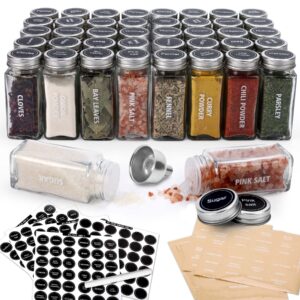 40-pack 3.5 oz glass spice jars with 324 labels, shaker lids and airtight metal caps, empty reusable square seasoning bottles, spice storage containers, marker and stainless steel funnel
