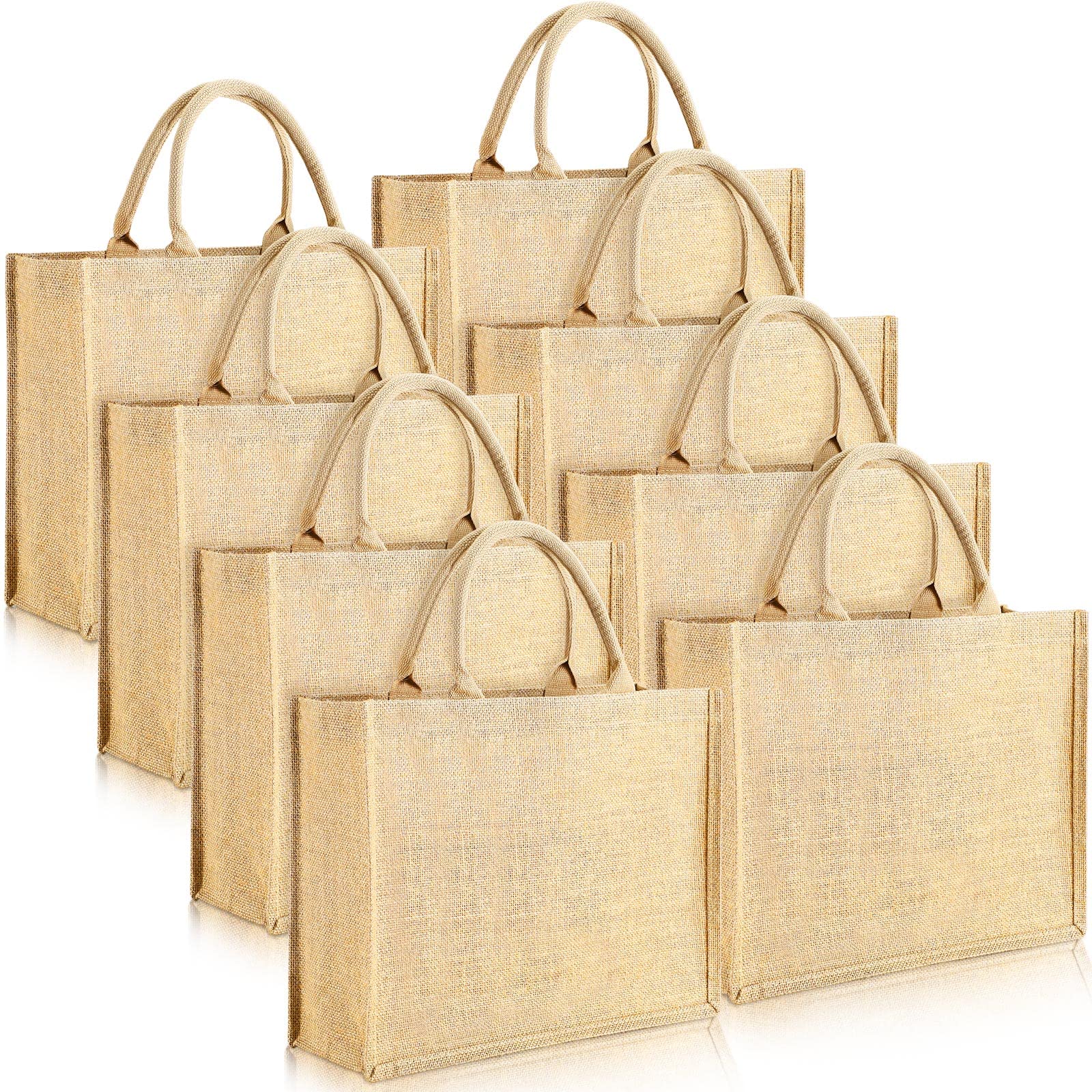 Shappy 8 Pack Burlap Tote Bags with Handles, Jute Tote Bags with Laminated Interior Reusable Grocery Bag for Women Bridesmaid Wedding Gift DIY Art Crafts Decoration Beach