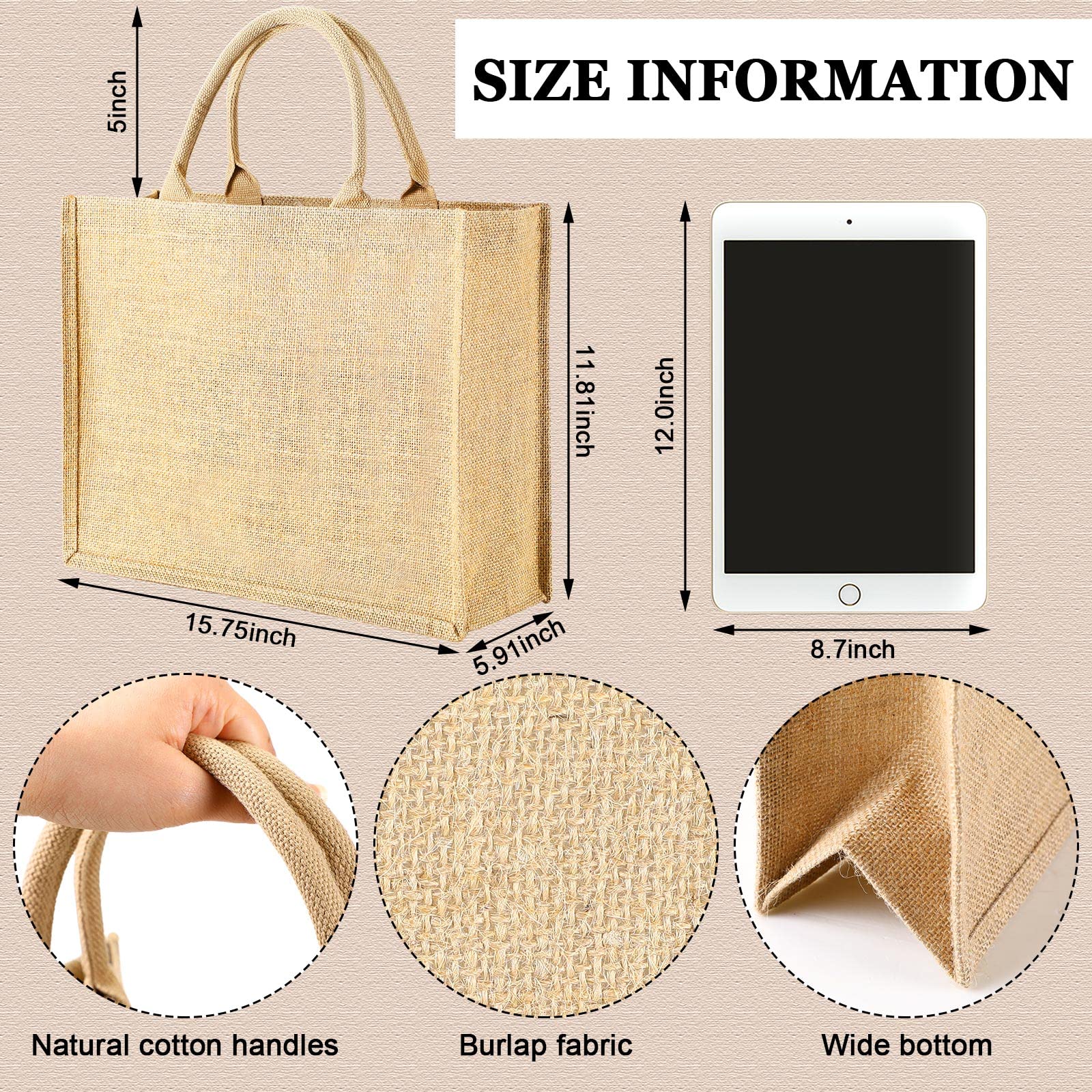 Shappy 8 Pack Burlap Tote Bags with Handles, Jute Tote Bags with Laminated Interior Reusable Grocery Bag for Women Bridesmaid Wedding Gift DIY Art Crafts Decoration Beach