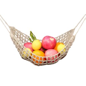 fruit hammock for kitchen under cabinet - large macrame fruit hammock for kitchen décor - storage that saves counter for more counter space at home, boat, or rv,with 4 hooks.(nature)